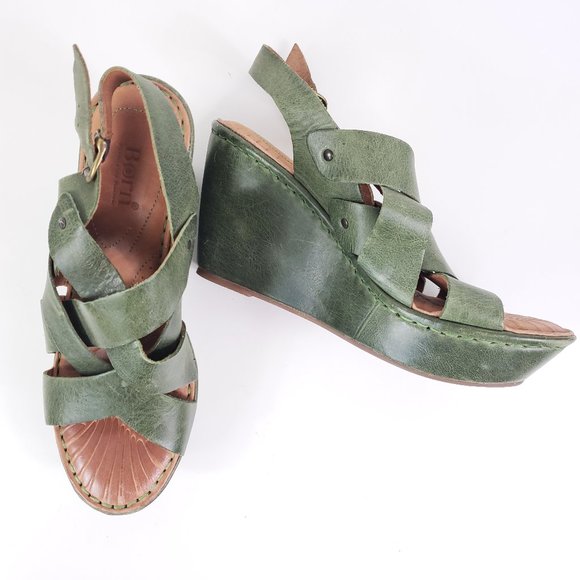 Born Shoes - Born Leather Spring Green Strappy Platform Wedges Heels